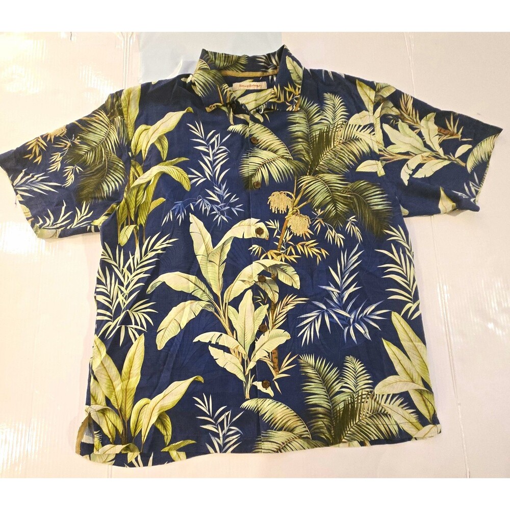 Tommy Bahama Men's L Blue/Green Floral Silk Relaxed Short Sleeve Button-Up